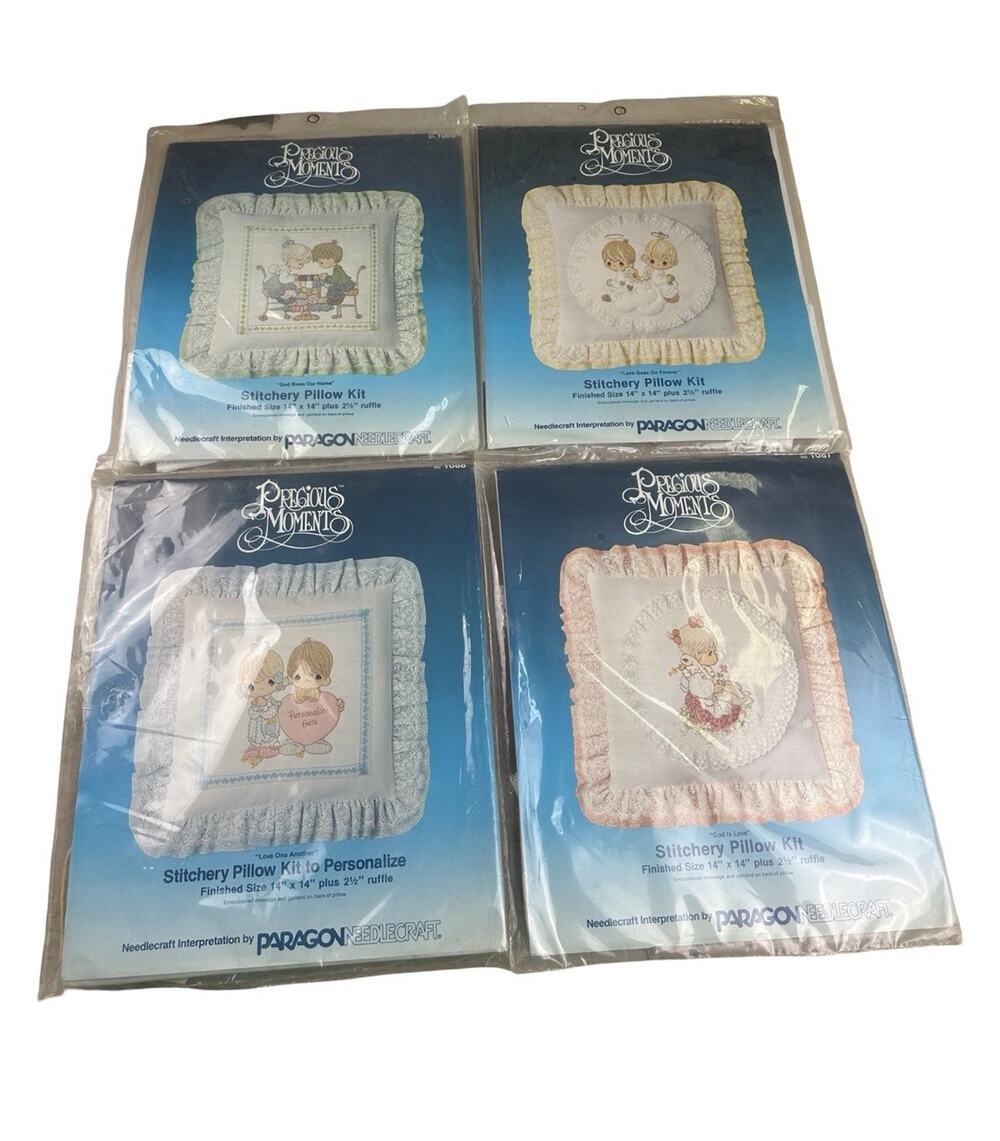 Vintage Precious Moments Paragon Needlecraft Stitchery Pillow Kit Lot of 4 NOS